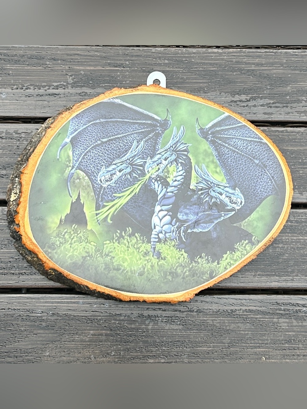 Vintage Green Dragon Wall Art on Natural Wood Slice - Fantasy Home Decor